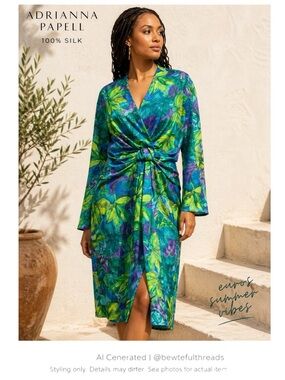 Tropical Silk Midi Dress Resort Vacation Draped Waist 12